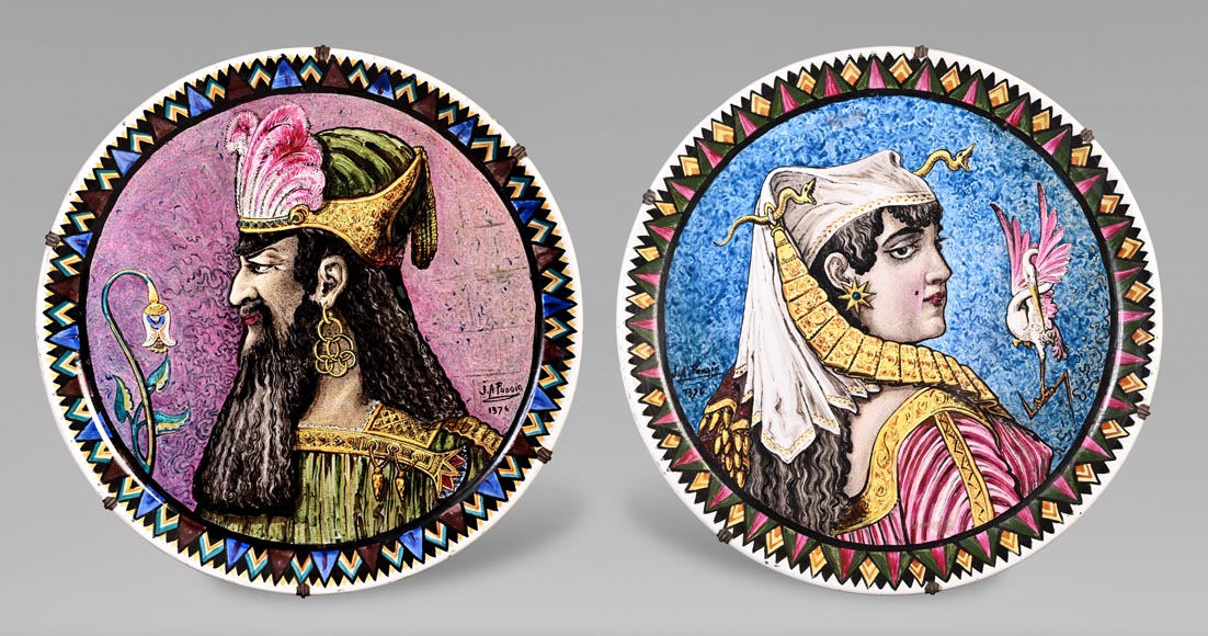 Balleroy & Co. (porcelain) Joseph Albert Ponsin (painter), Pair of Decorative Plates Adorned with Portraits of an Assyrian Man and Woman-0