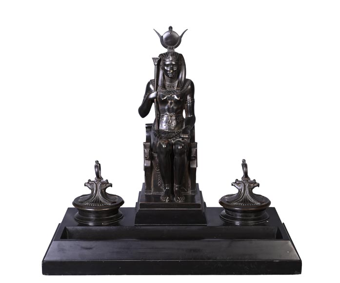 Egyptomania inkstand in fine black marble and bronze-0