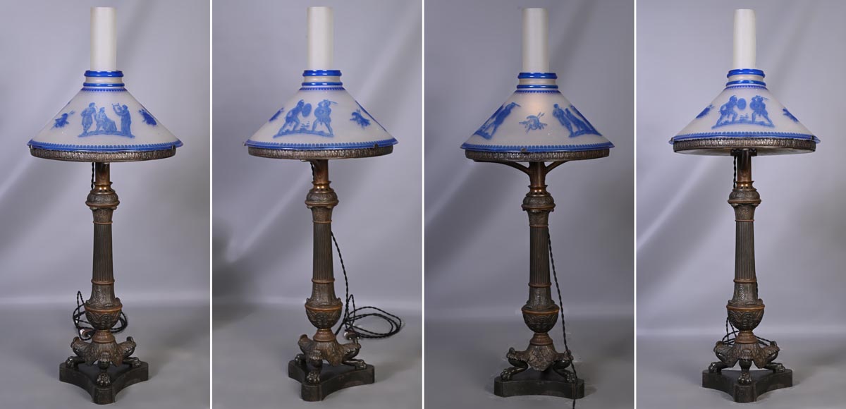 Napoleon III period lamp with engraved glass shade in Greek Revival style-1