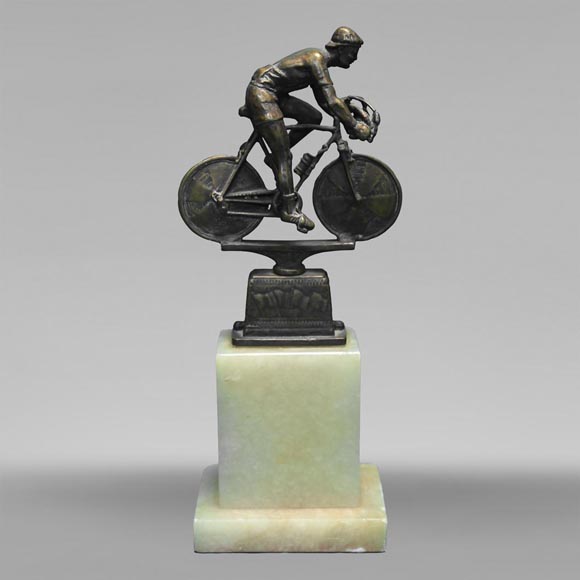 Sports trophy depicting a bicycle racer in patina finish-0