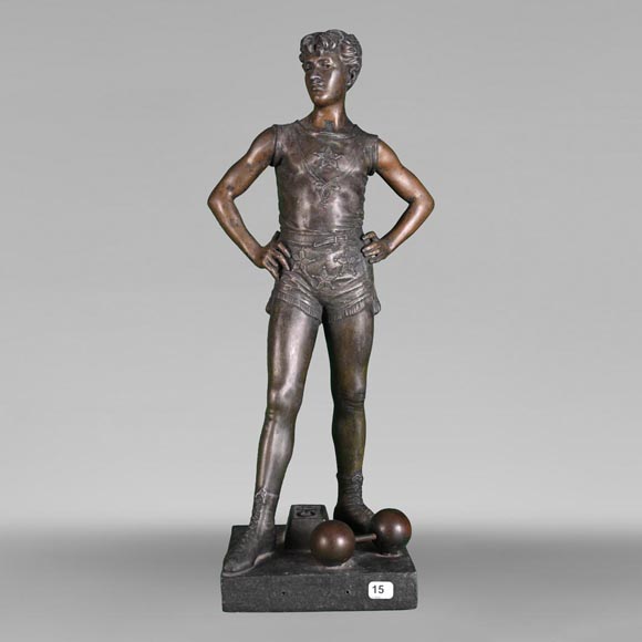 After Eutrope BOURET (1833-1906), Weightlifter at rest, statuette en régule patiné-0