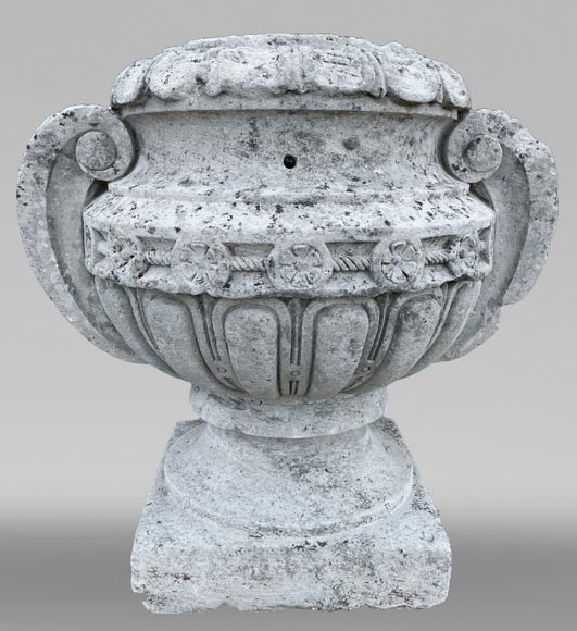 Carved stone outdoor vase with spiral handle-0