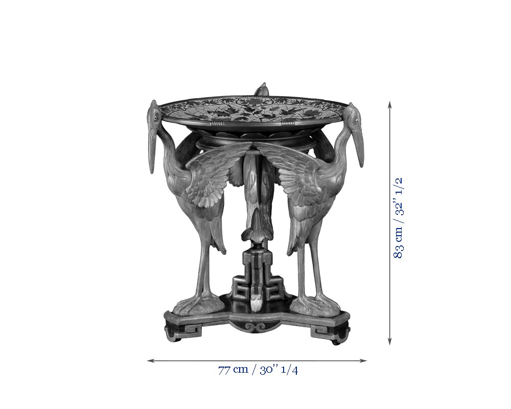 Pierre-Ferdinand DUVINAGE (1823-1876), Exceptional Ivory Cloisonné Three-legged Pedestal Table Known as “The Large Cranes”-5