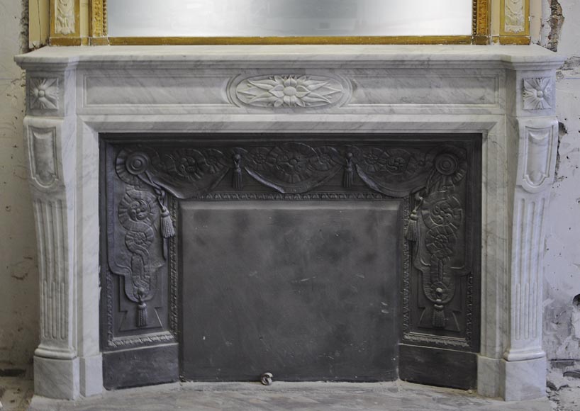 Large Louis Xvi Style Fireplace In White Carrara Marble With Its