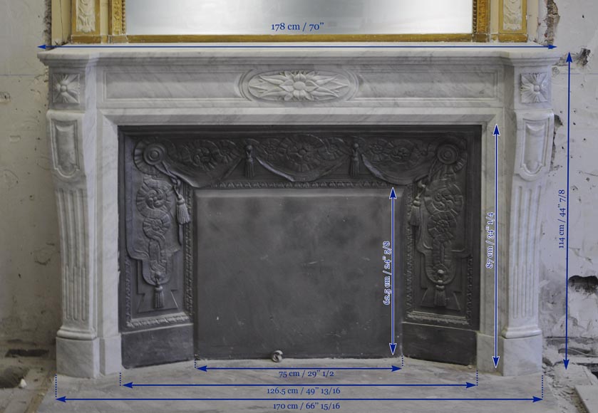 Large Louis Xvi Style Fireplace In White Carrara Marble With Its