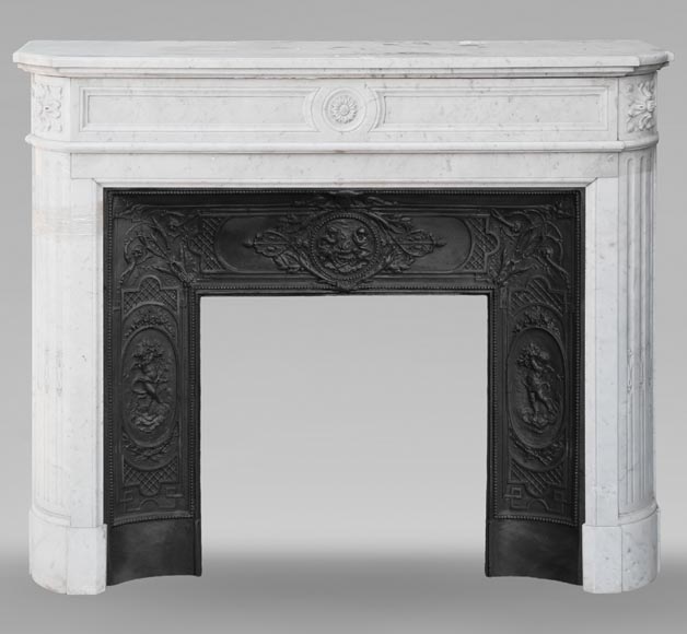 Louis XVI style Carrara marble mantel with rounded corners adorned with a sunflower flower-0