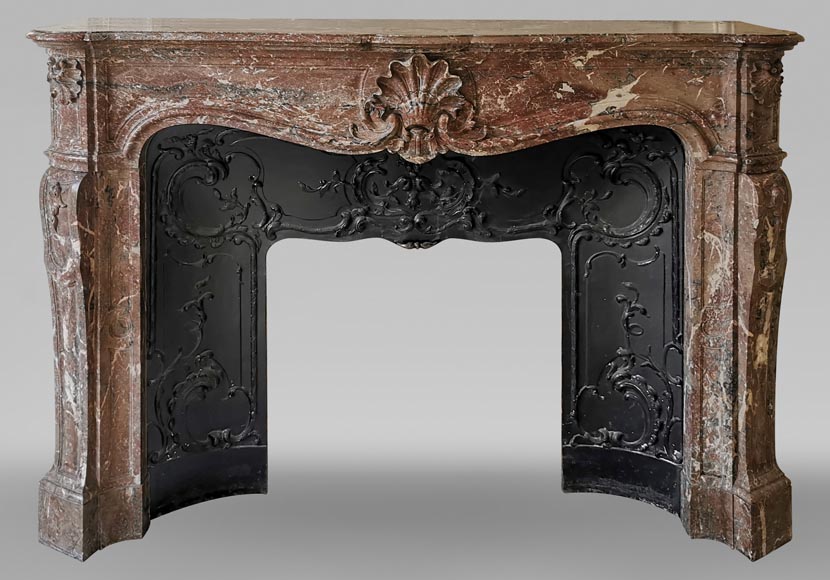 Important Louis XV style fireplace with three shells in Rouge du Nord marble-0