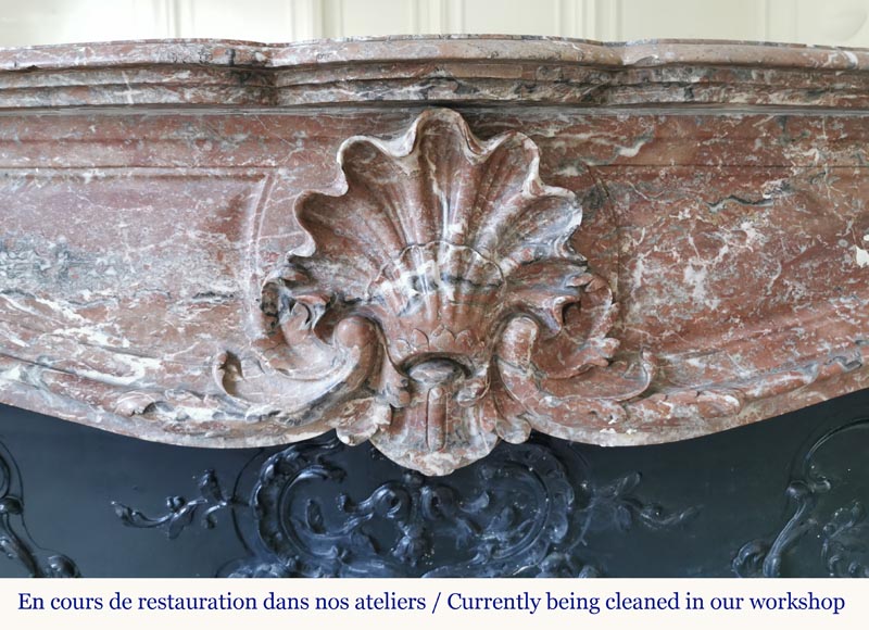 Important Louis XV style fireplace with three shells in Rouge du Nord marble-1