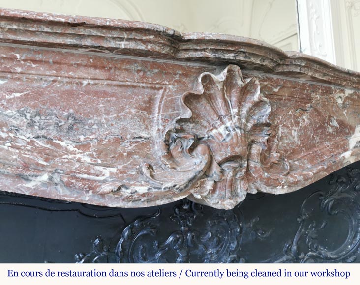 Important Louis XV style fireplace with three shells in Rouge du Nord marble-2