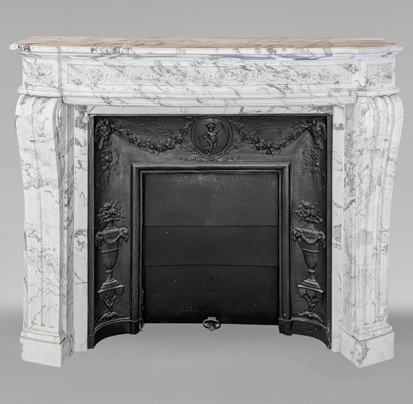 Louis XVI style mantel with curved entablature decorated with macaroons in Arabescato marble-0