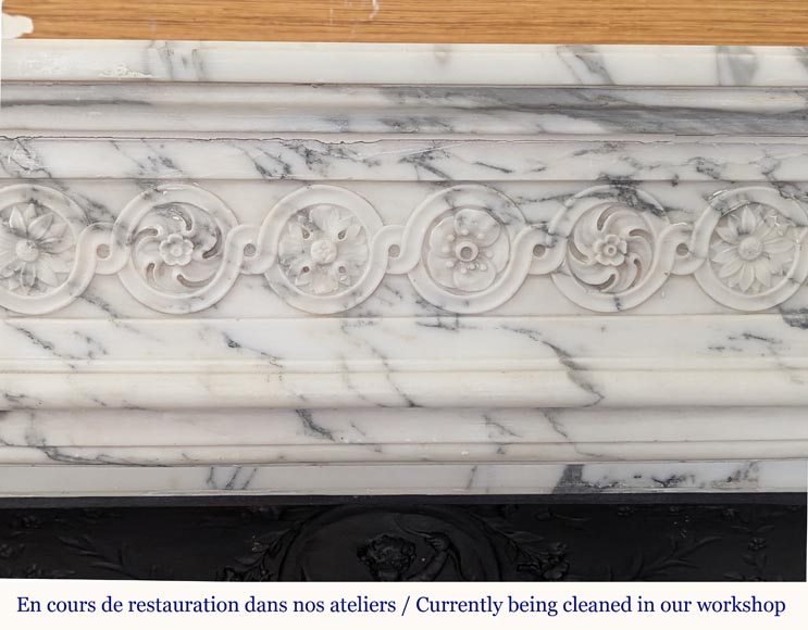 Louis XVI style mantel with curved entablature decorated with macaroons in Arabescato marble-1