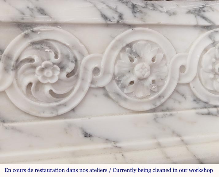 Louis XVI style mantel with curved entablature decorated with macaroons in Arabescato marble-2