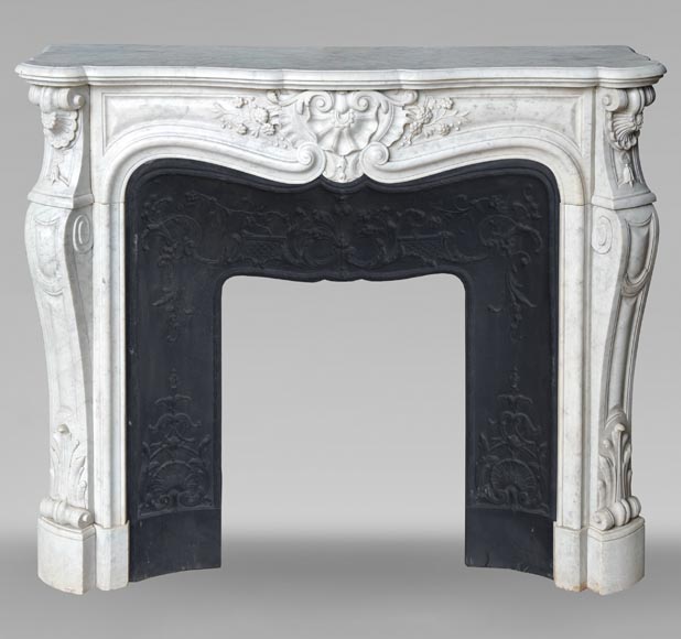 Carved Carrara marble Louis XV style mantel with shell and flower design-0