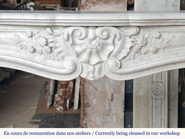 Carved Carrara marble Louis XV style mantel with shell and flower design-1