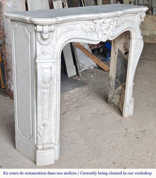 Carved Carrara marble Louis XV style mantel with shell and flower design-4