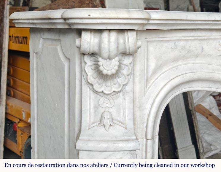 Carved Carrara marble Louis XV style mantel with shell and flower design-5