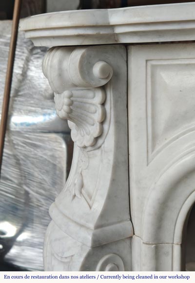 Carved Carrara marble Louis XV style mantel with shell and flower design-6