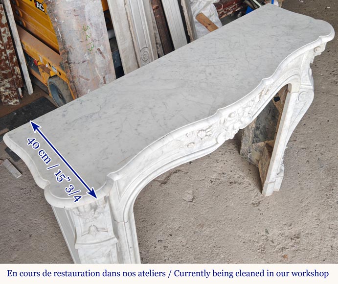 Carved Carrara marble Louis XV style mantel with shell and flower design-11