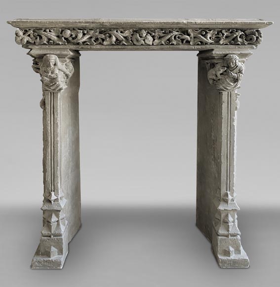 Gothic period stone mantelpiece with monsters and carved capitals-0