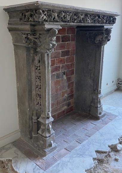 Gothic period stone mantelpiece with monsters and carved capitals-2