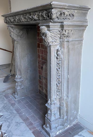 Gothic period stone mantelpiece with monsters and carved capitals-7