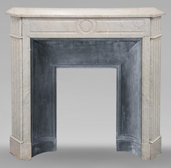 Carved Carrara marble Louis XVI mantel with canted corners-0
