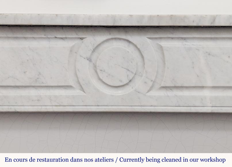 Carved Carrara marble Louis XVI mantel with canted corners-1