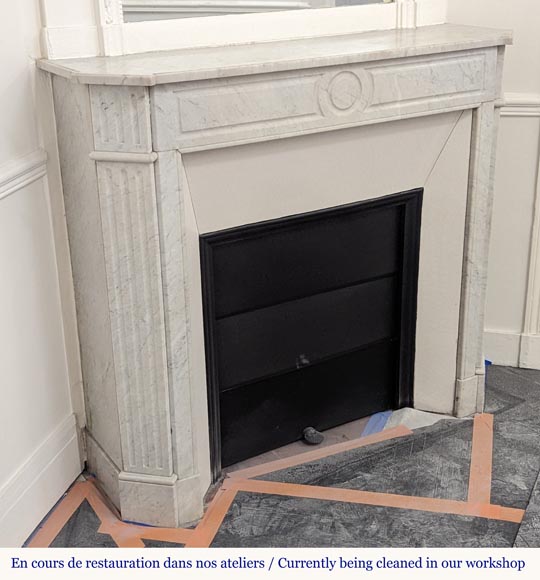 Carved Carrara marble Louis XVI mantel with canted corners-2