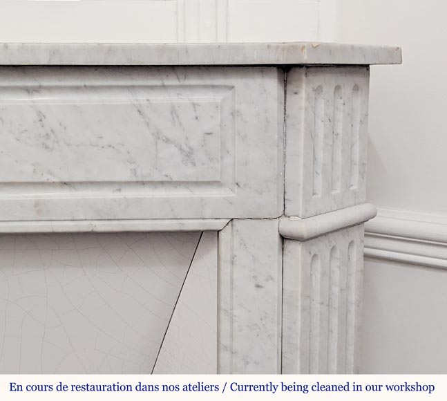 Carved Carrara marble Louis XVI mantel with canted corners-6