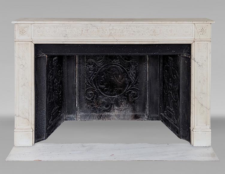 Large Louis XVI period statuary marble mantel with foliage décor -0