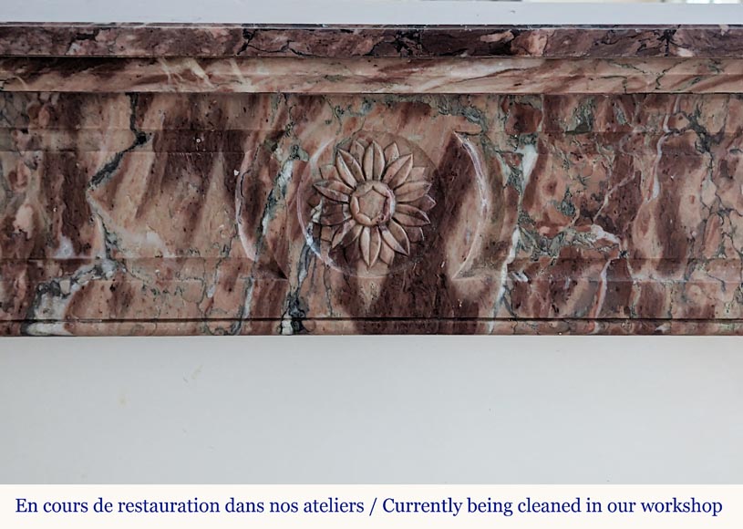 Louis XVI style mantel in Breche marble with rounded corners adorned with a sunflower-1