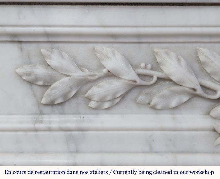Louis XVI style Carrara marble mantel adorned with a laurel wreath-4