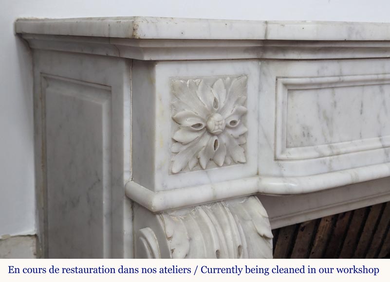Louis XVI style Carrara marble mantel adorned with a laurel wreath-6