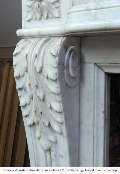 Louis XVI style Carrara marble mantel adorned with a laurel wreath-7