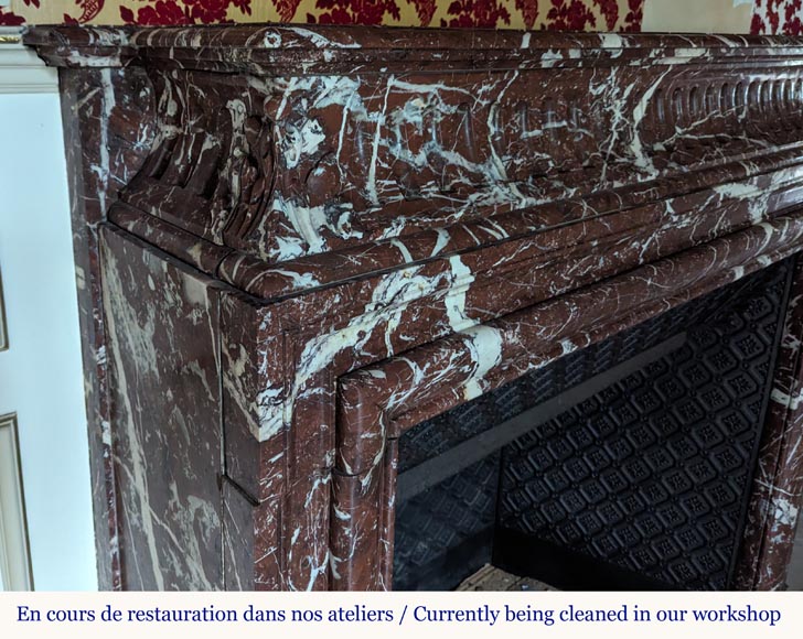 Louis XIV style mantel with acroterion in Rouge du Nord marble-3