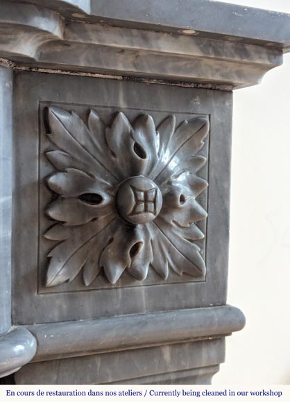 Louis XVI style mantel with curved flutes adorned with rosettes carved in Turquin marble-7