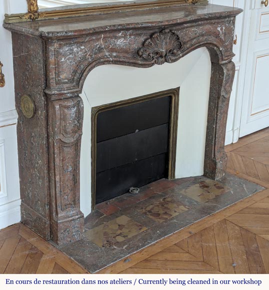 Louis XV style mantel in Rouge du Nord marble with shell décor-4