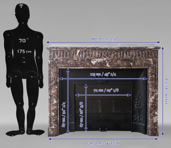 Louis XIV style mantel with acroterion in Rouge du Nord marble-10