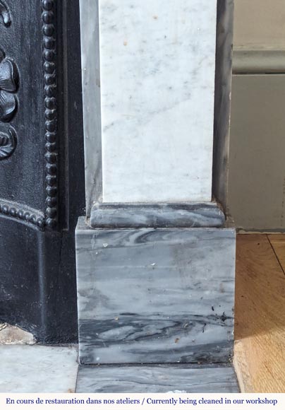 Louis XVI style two-tone mantel carved in Carrara and Turquin marble-8