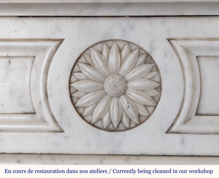 Louis XVI style Carrara marble mantel with rounded corners adorned with a sunflower flower-2