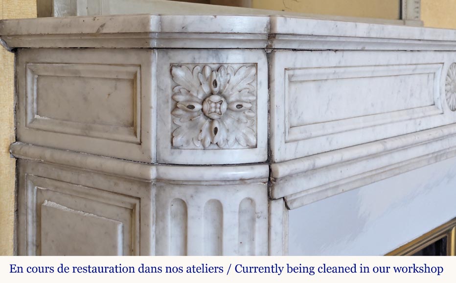 Louis XVI style Carrara marble mantel with rounded corners adorned with a sunflower flower-4