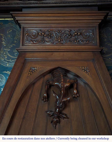 Neo-Renaissance style mantel in carved walnut wood adorned with a salamander-1