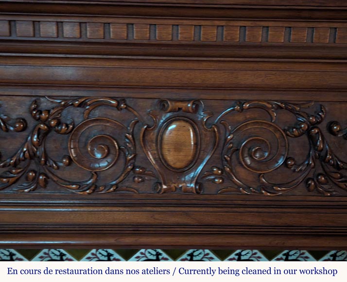 Neo-Renaissance style mantel in carved walnut wood adorned with a salamander-3