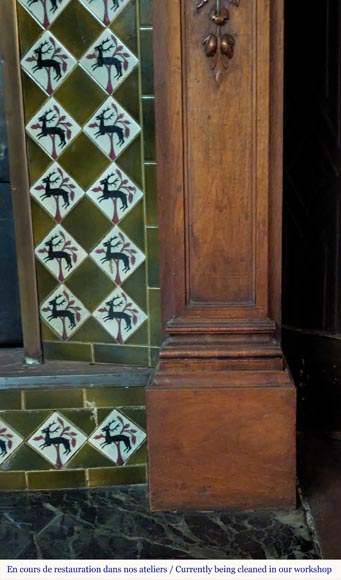 Neo-Renaissance style mantel in carved walnut wood adorned with a salamander-11