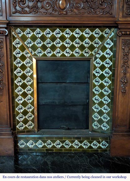 Neo-Renaissance style mantel in carved walnut wood adorned with a salamander-12