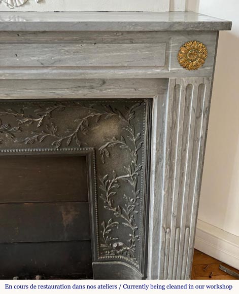 Louis XVI style Turquin marble mantel adorned with bronze sunflowers-5