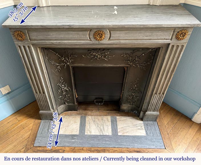 Louis XVI style mantel in light blue Turquin marble decorated with bronze sunflowers-8