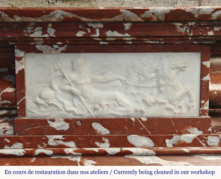 Louis XIV style mantel in Incarnat Turquin marble, decorated by a Poseidon carved in statuary marble-1