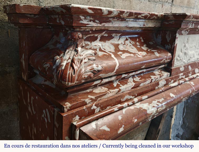 Louis XIV style mantel in Incarnat Turquin marble, decorated by a Poseidon carved in statuary marble-6