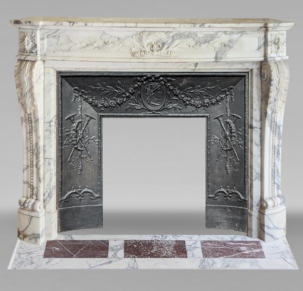 Louis XVI style Arabescato marble mantel with curved entablature decorated with a laurel wreath-0